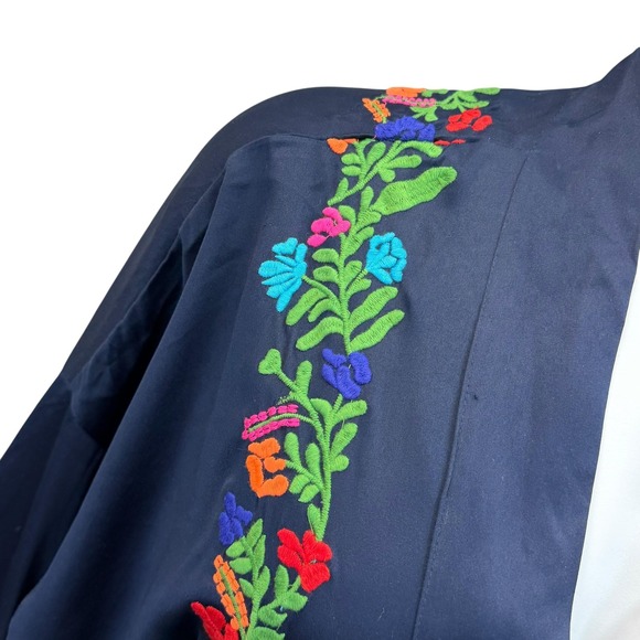 Free People Exclusive Kimono Womens L Blue Satin Belted Embroidered Floral Boho - Picture 3 of 9